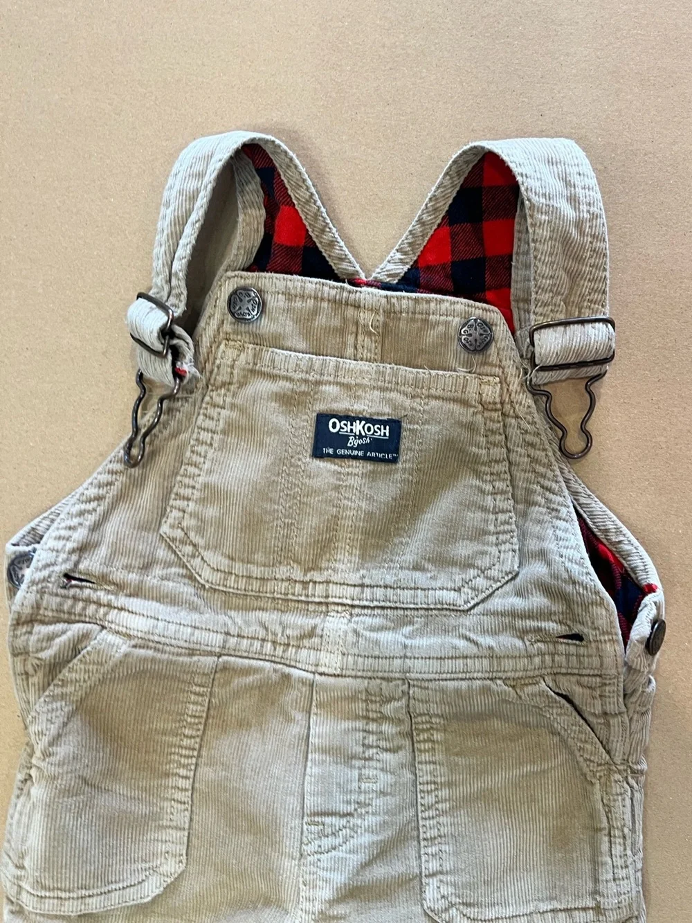 OshKosh B'gosh Tan Corduroy Overalls with Red Plaid Lining 18M